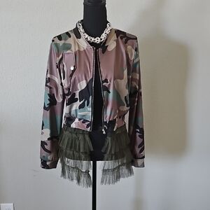 SHEIN Camo Bomber Jacket with Olive Tulle Ruffle Hem